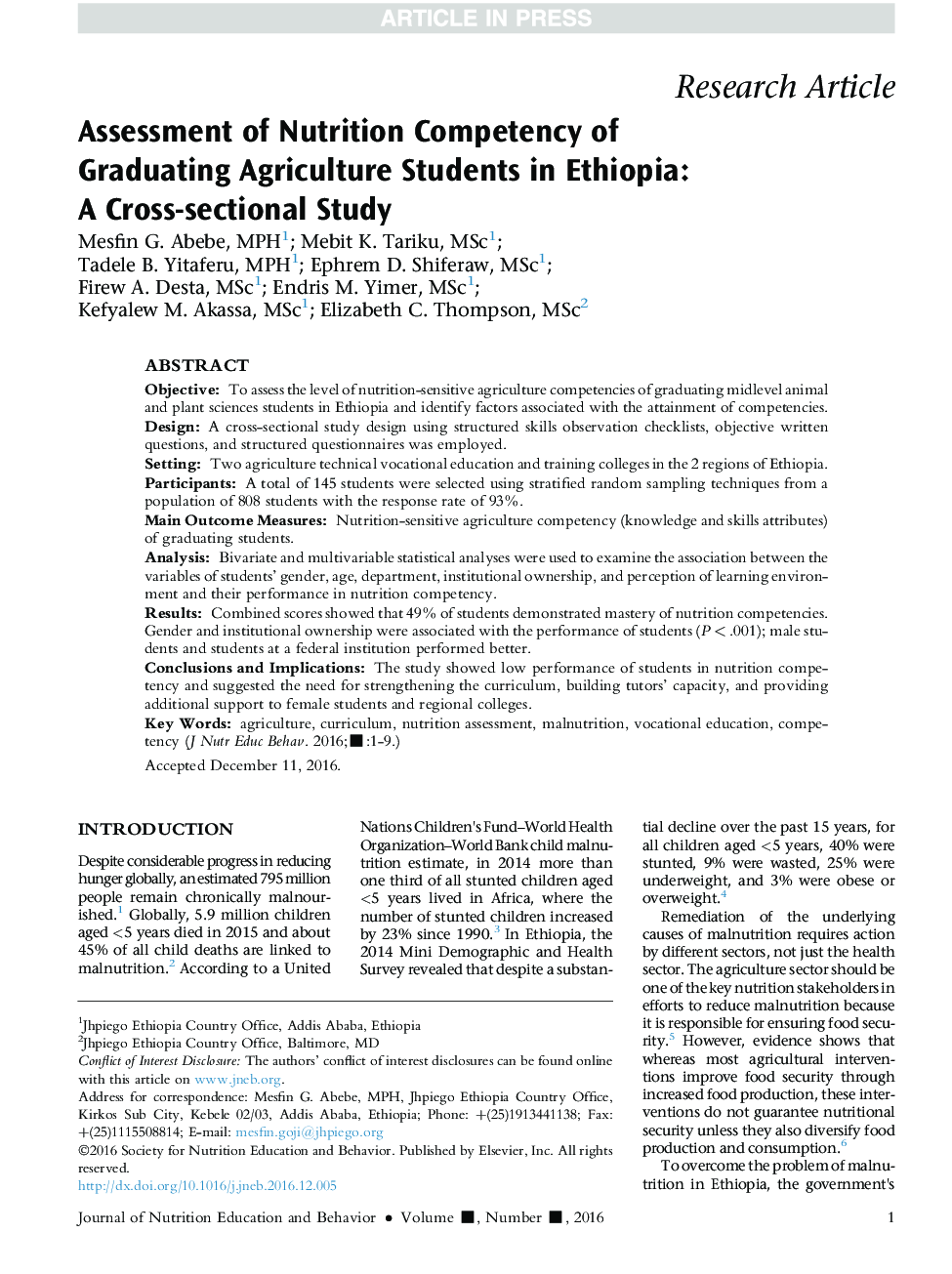 Assessment of Nutrition Competency of Graduating Agriculture Students in Ethiopia: AÂ Cross-sectional Study