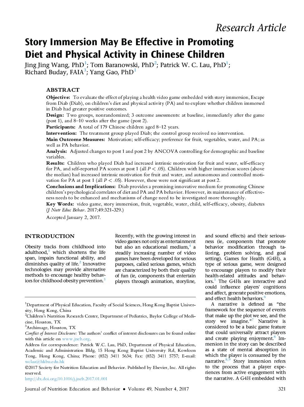 Story Immersion May Be Effective in Promoting Diet and Physical Activity in Chinese Children