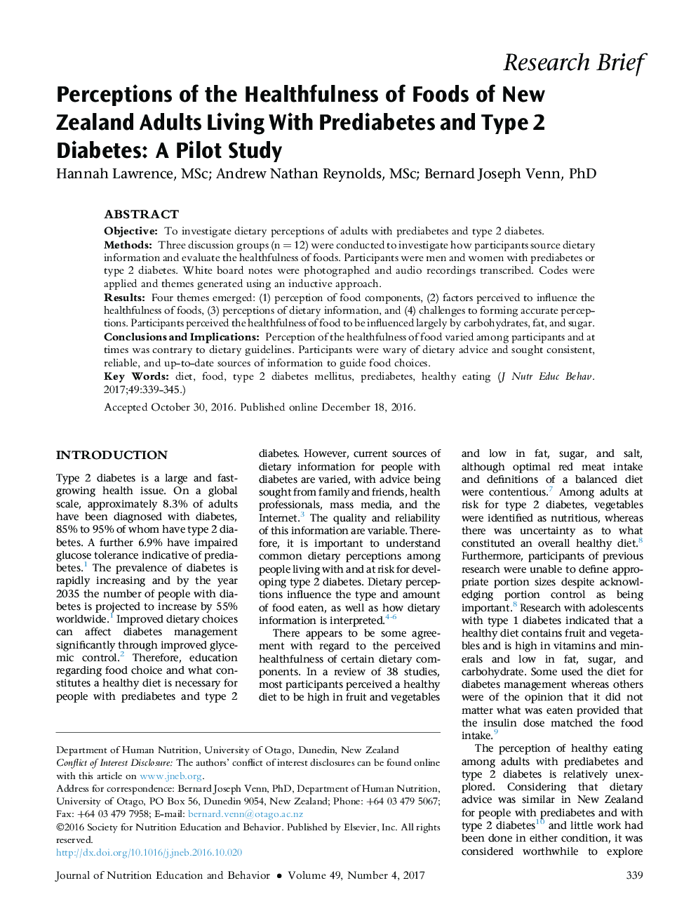 Perceptions of the Healthfulness of Foods of New Zealand Adults Living With Prediabetes and Type 2 Diabetes: A Pilot Study