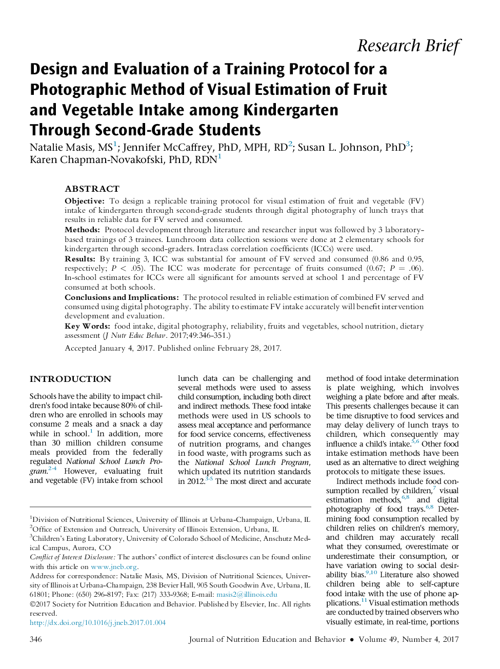 Design and Evaluation of a Training Protocol for a Photographic Method of Visual Estimation of Fruit and Vegetable Intake among Kindergarten Through Second-Grade Students