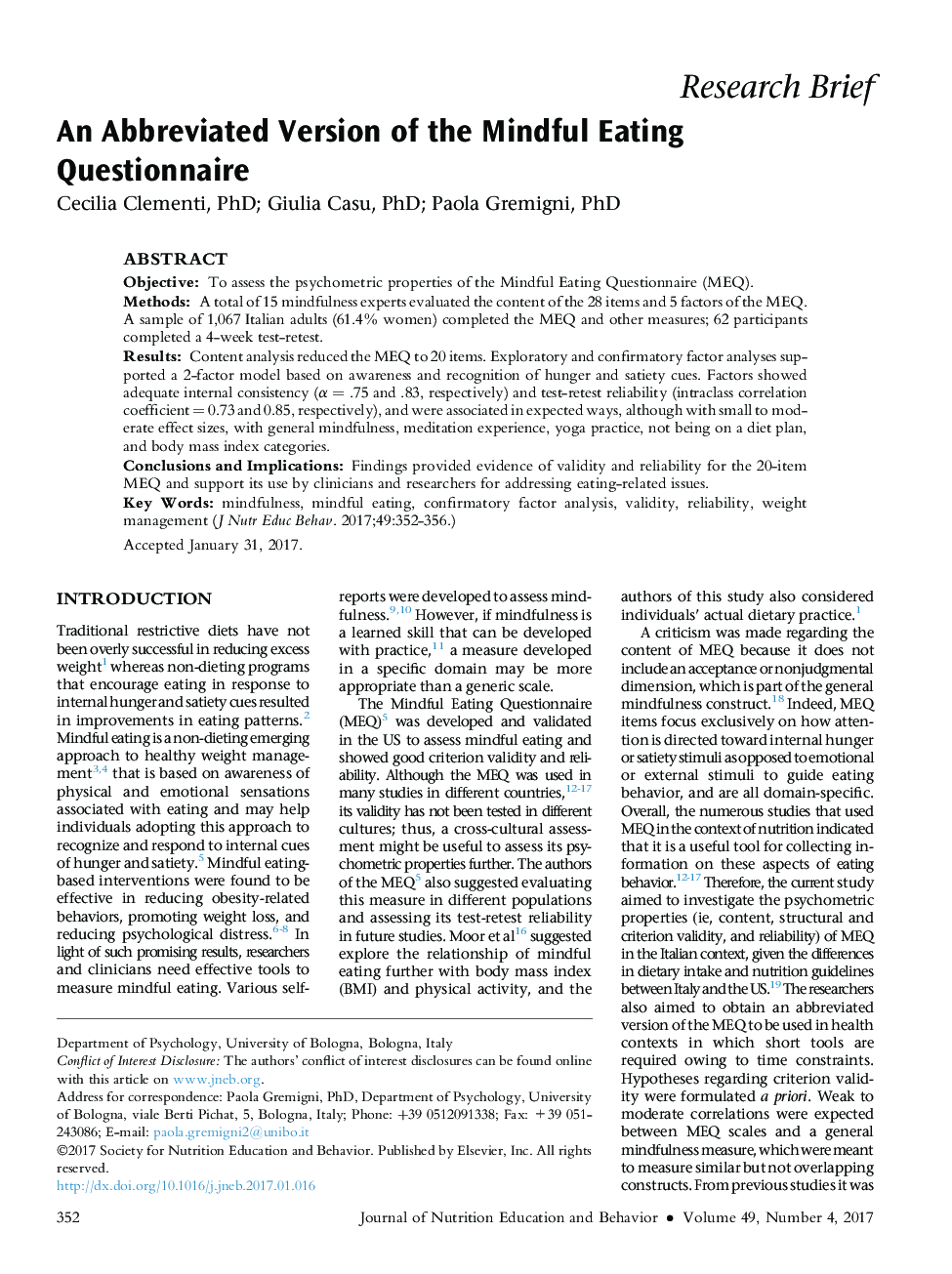 An Abbreviated Version of the Mindful Eating Questionnaire