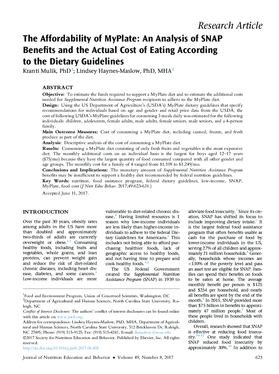 The Affordability of MyPlate: An Analysis of SNAP Benefits and the Actual Cost of Eating According toÂ the Dietary Guidelines