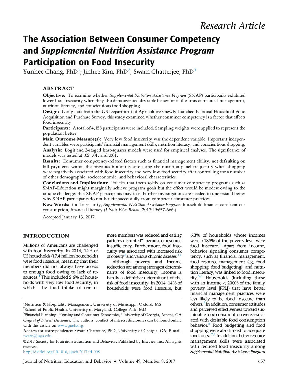 The Association Between Consumer Competency and Supplemental Nutrition Assistance Program Participation on Food Insecurity
