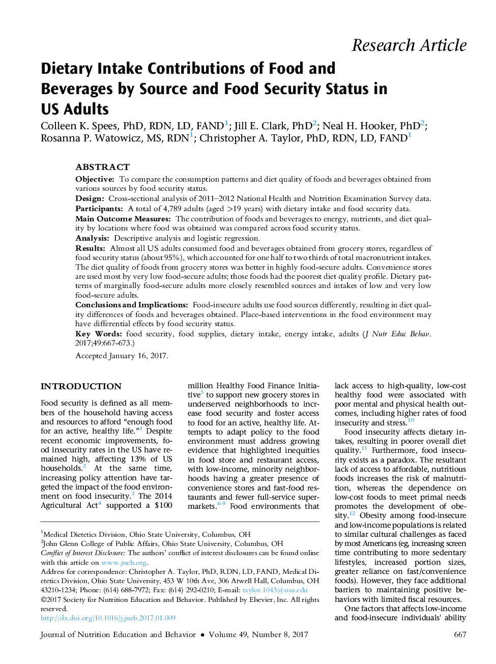 Dietary Intake Contributions of Food and Beverages by Source and Food Security Status in US Adults