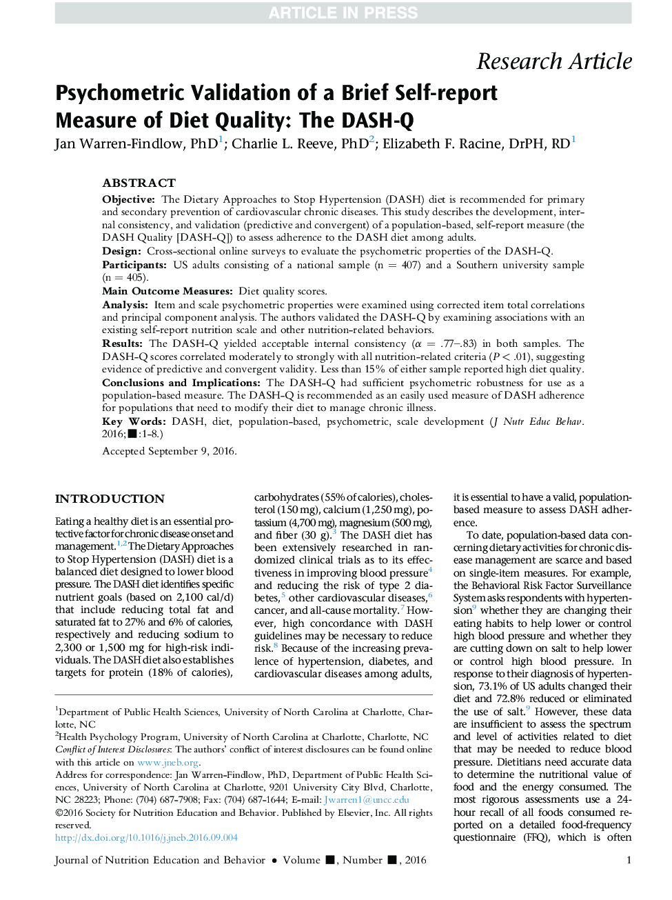Psychometric Validation of a Brief Self-report Measure of Diet Quality: The DASH-Q