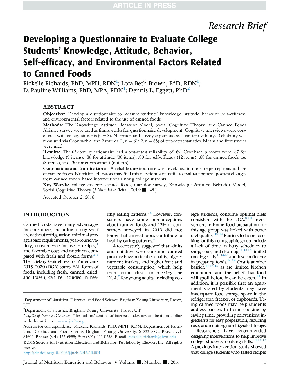 Developing a Questionnaire to Evaluate College Students' Knowledge, Attitude, Behavior, Self-efficacy, and Environmental Factors Related to Canned Foods