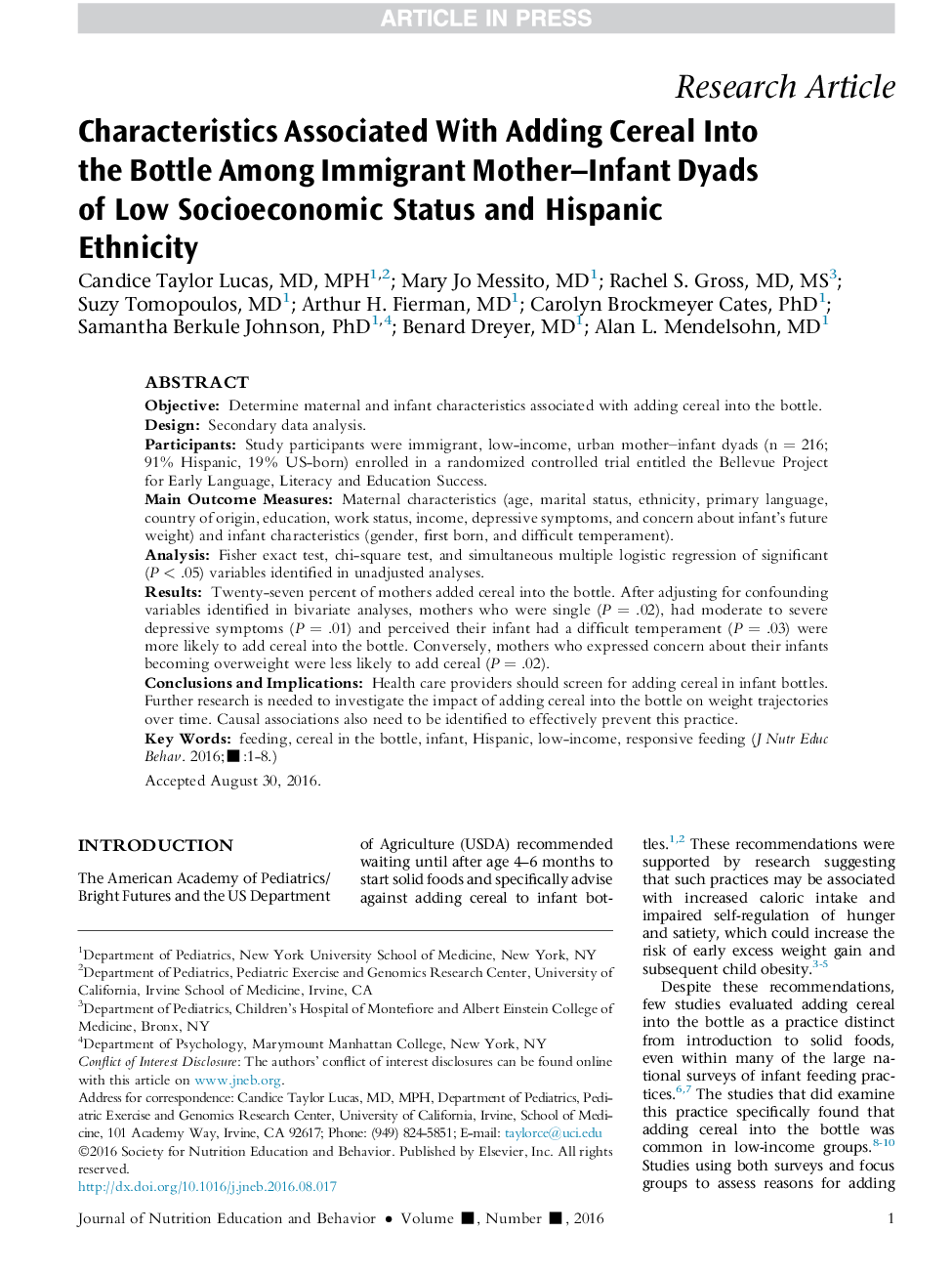 Characteristics Associated With Adding Cereal Into the Bottle Among Immigrant Mother-Infant Dyads of Low Socioeconomic Status and Hispanic Ethnicity