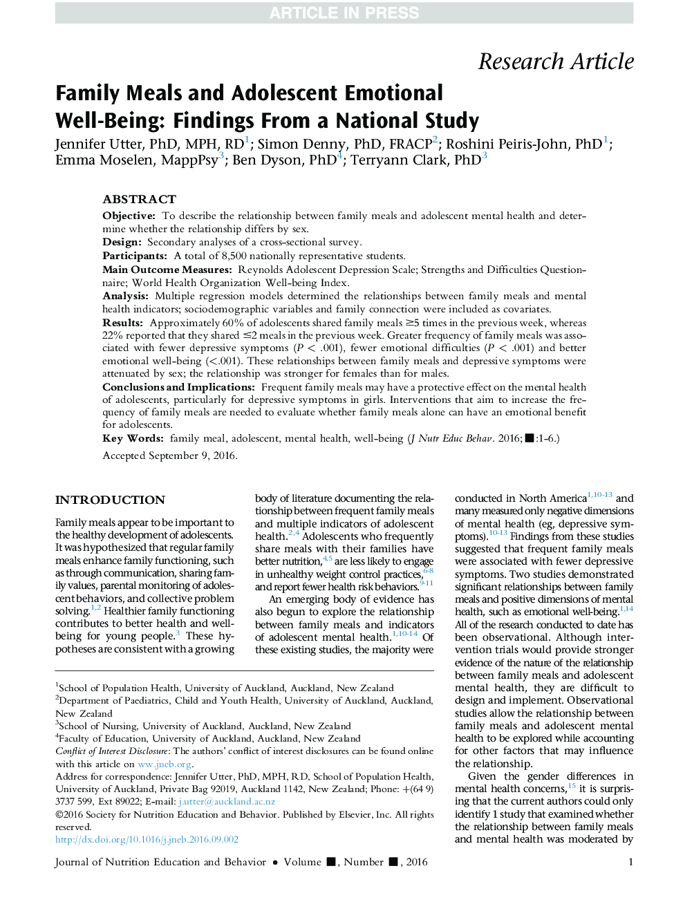 Family Meals and Adolescent Emotional Well-Being: Findings From a National Study