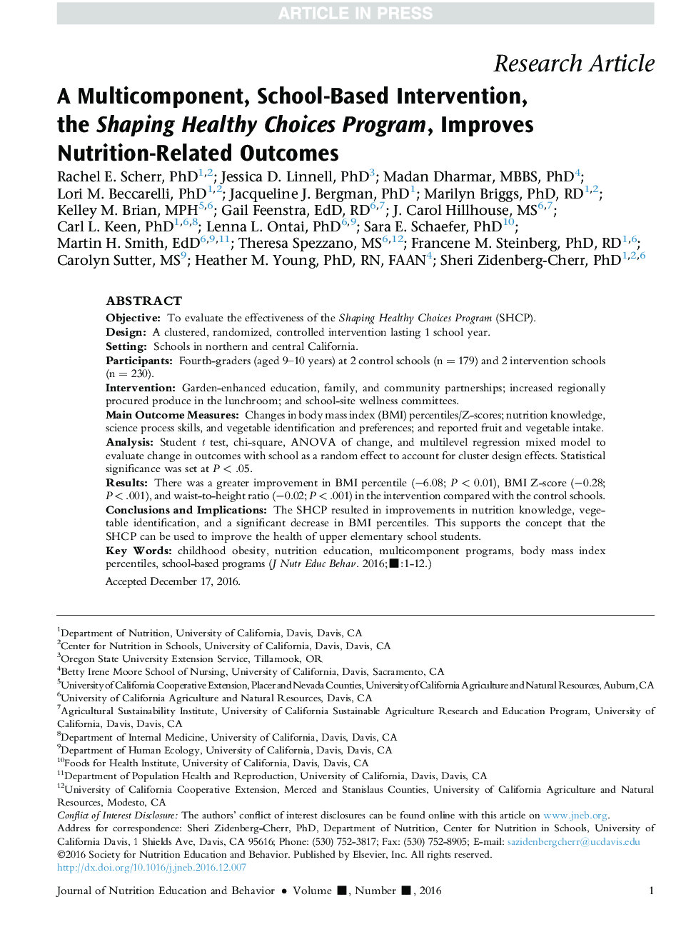 A Multicomponent, School-Based Intervention, the Shaping Healthy Choices Program, Improves Nutrition-Related Outcomes