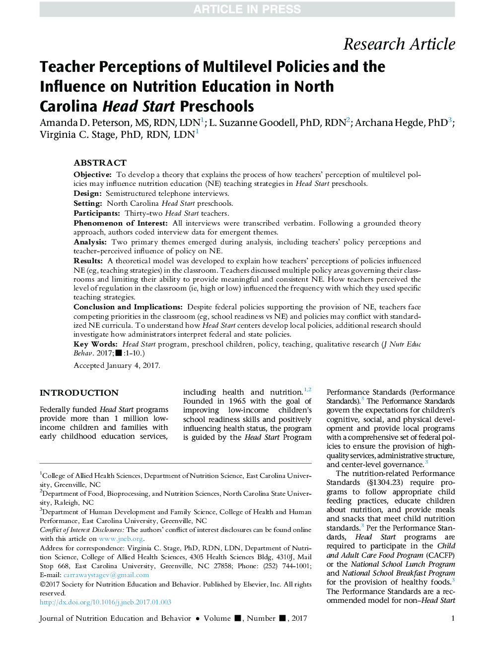 Teacher Perceptions of Multilevel Policies and the Influence on Nutrition Education in North Carolina Head Start Preschools