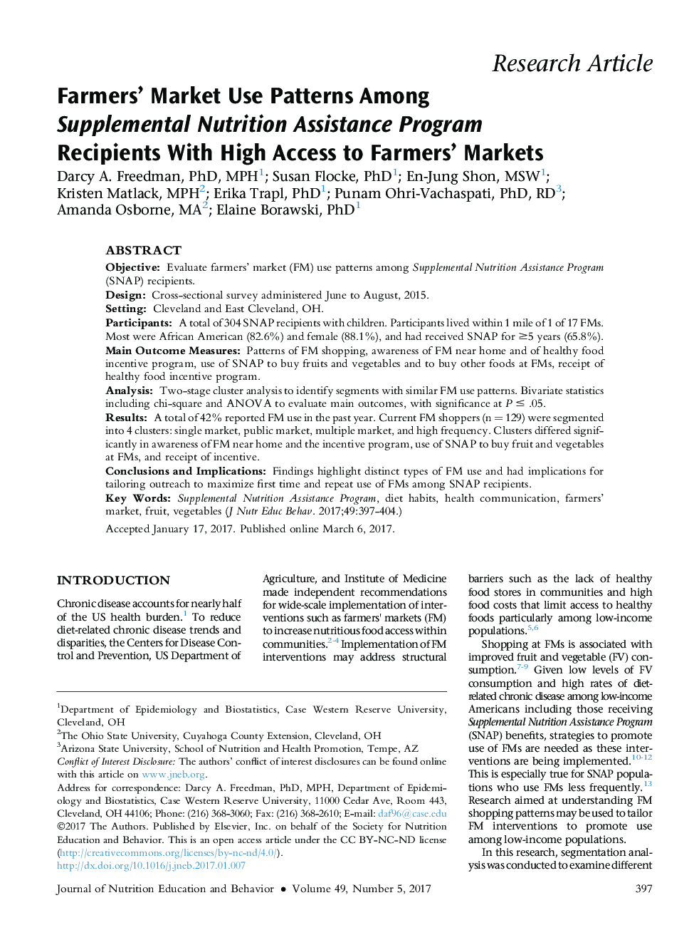 الگوهای استفاده از بازار مصرف کنندگان کشاورزان در میان دریافت کنندگان برنامه های کمک غذایی مؤثر با دسترسی های بالا به بازارهای کشاورزان 