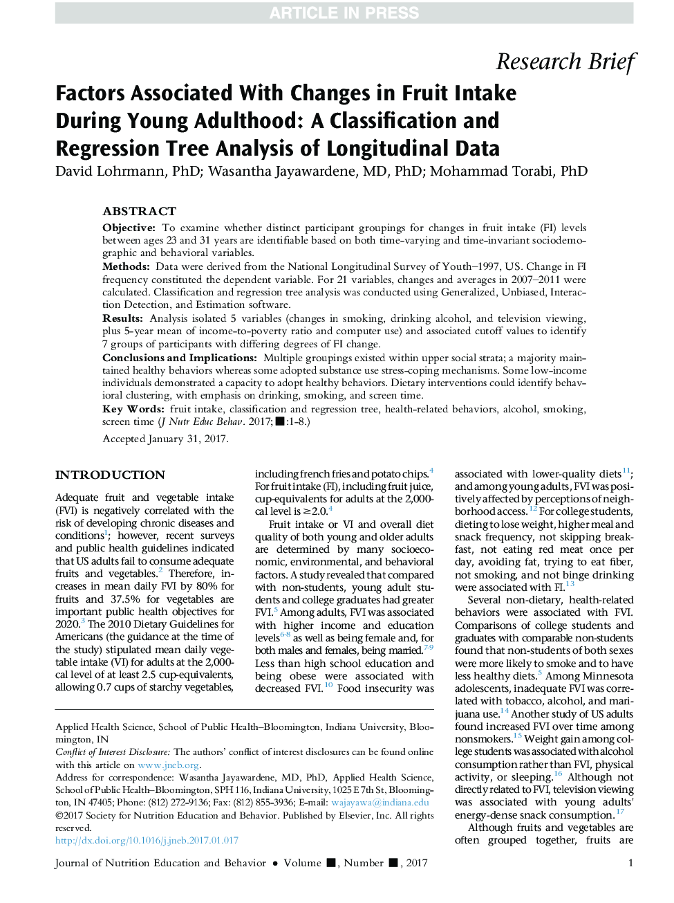 Factors Associated With Changes in Fruit Intake During Young Adulthood: A Classification and Regression Tree Analysis of Longitudinal Data