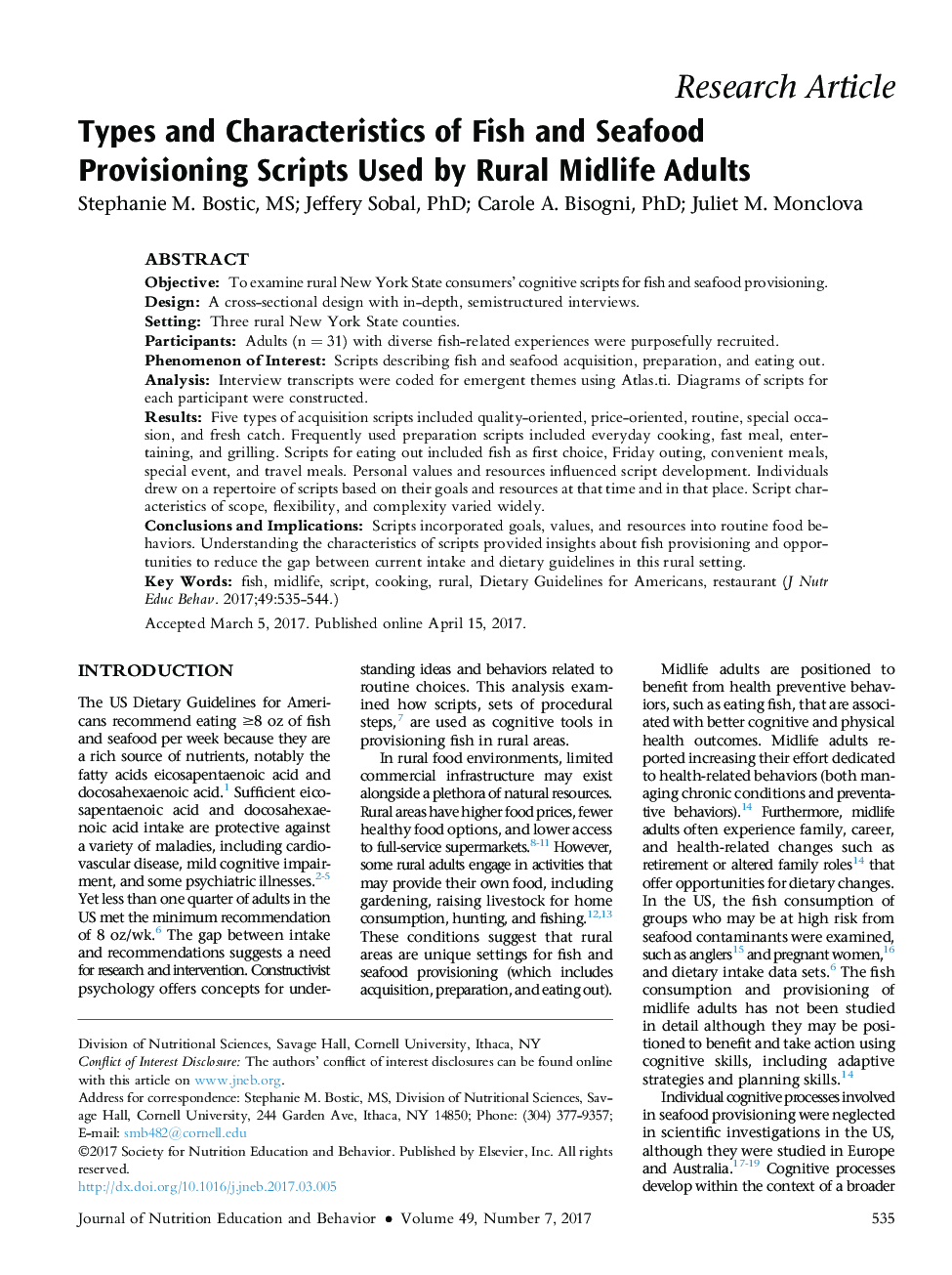 Types and Characteristics of Fish and Seafood Provisioning Scripts Used by Rural Midlife Adults