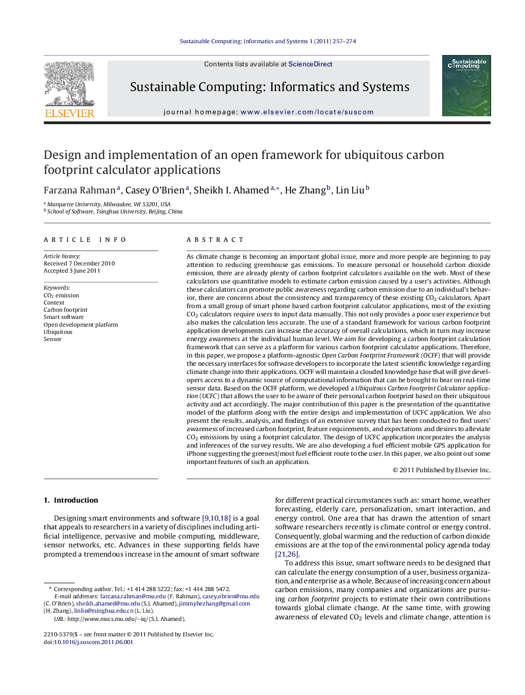 Design and implementation of an open framework for ubiquitous carbon footprint calculator applications