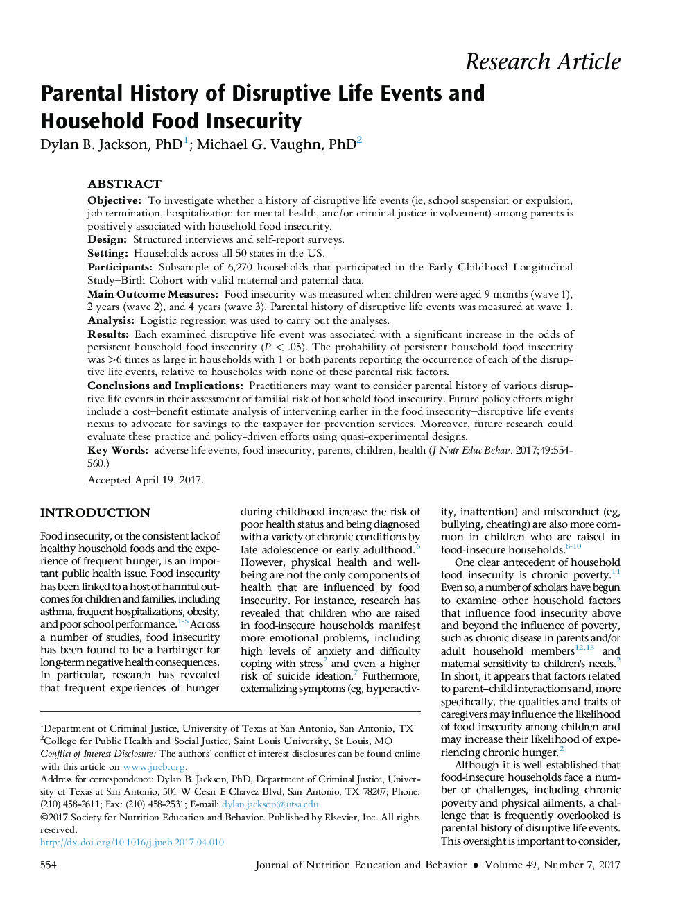 Parental History of Disruptive Life Events and Household Food Insecurity