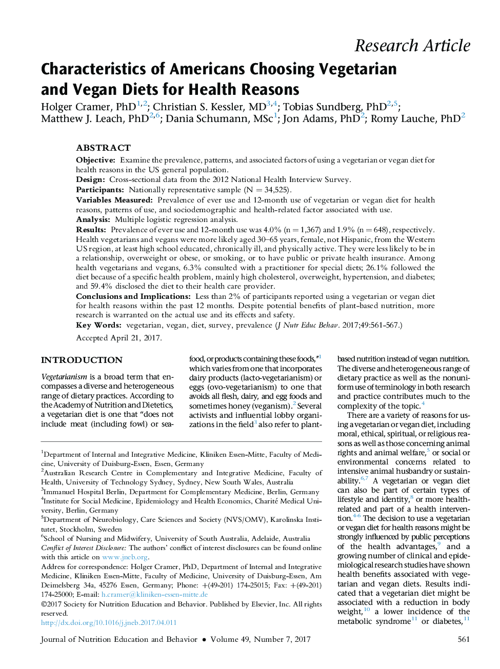 Characteristics of Americans Choosing Vegetarian and Vegan Diets for Health Reasons