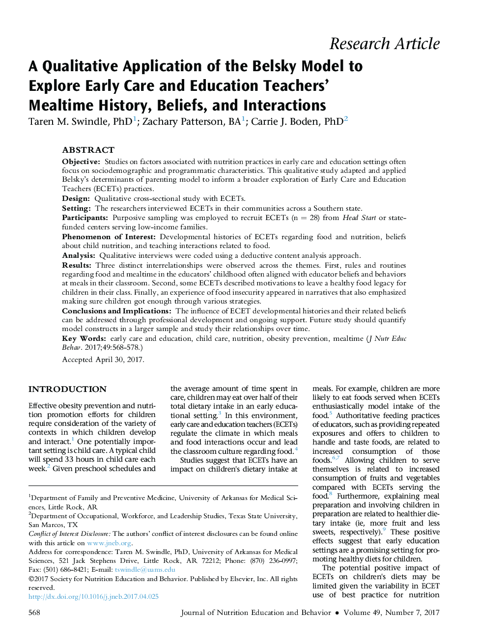 A Qualitative Application of the Belsky Model to Explore Early Care and Education Teachers' Mealtime History, Beliefs, and Interactions