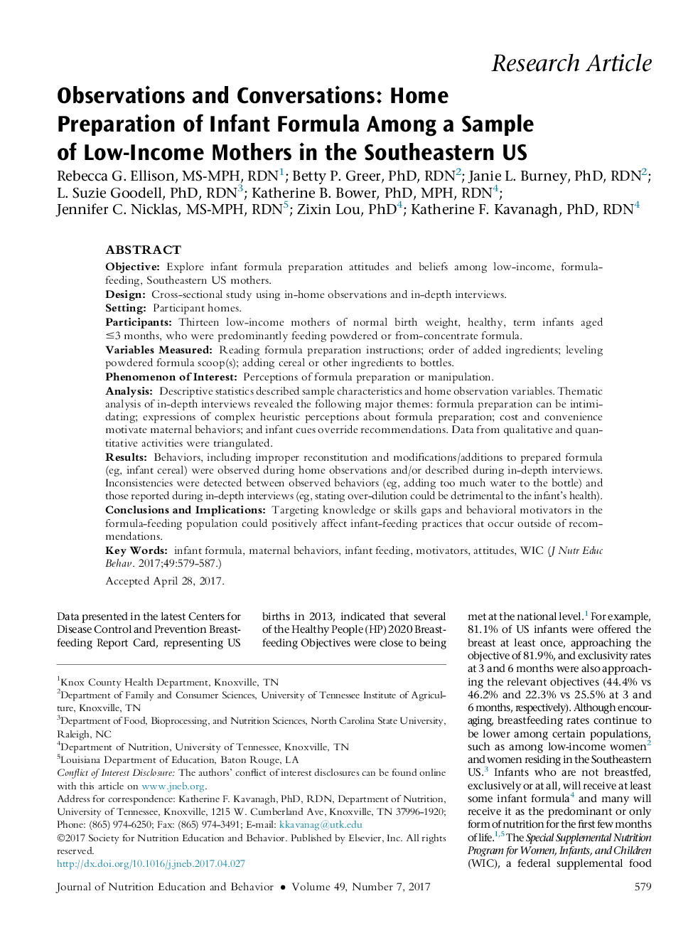 Observations and Conversations: Home Preparation of Infant Formula Among a Sample ofÂ Low-Income Mothers in the Southeastern US