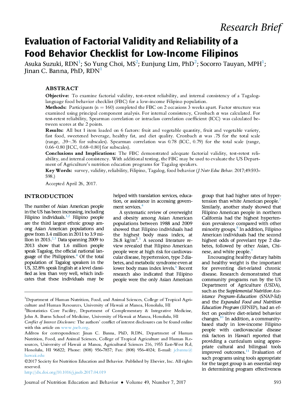 Evaluation of Factorial Validity and Reliability of a Food Behavior Checklist for Low-Income Filipinos
