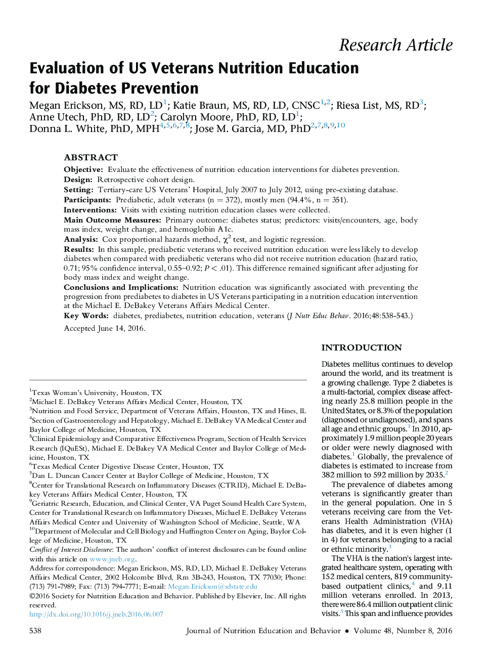 Evaluation of US Veterans Nutrition Education for Diabetes Prevention