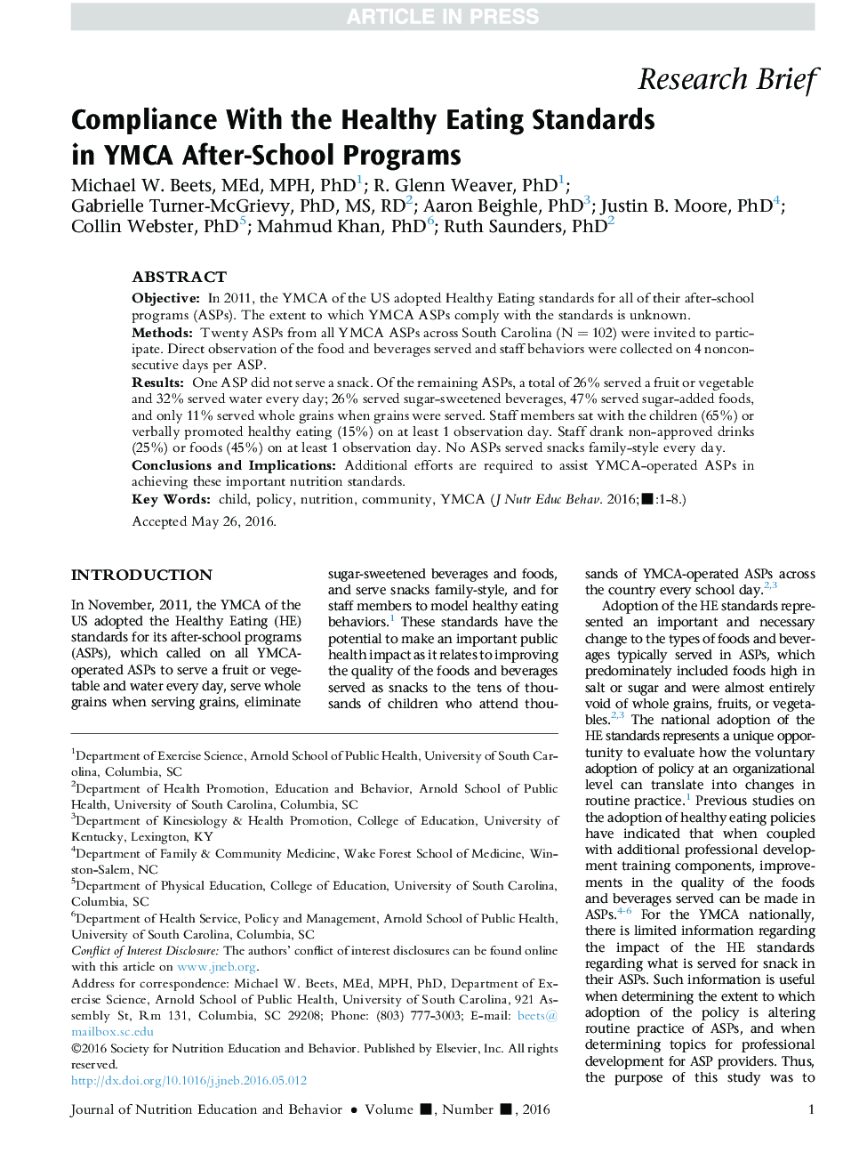 Compliance With the Healthy Eating Standards inÂ YMCA After-School Programs