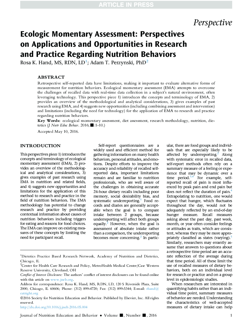 Ecologic Momentary Assessment: Perspectives onÂ Applications and Opportunities in Research and Practice Regarding Nutrition Behaviors