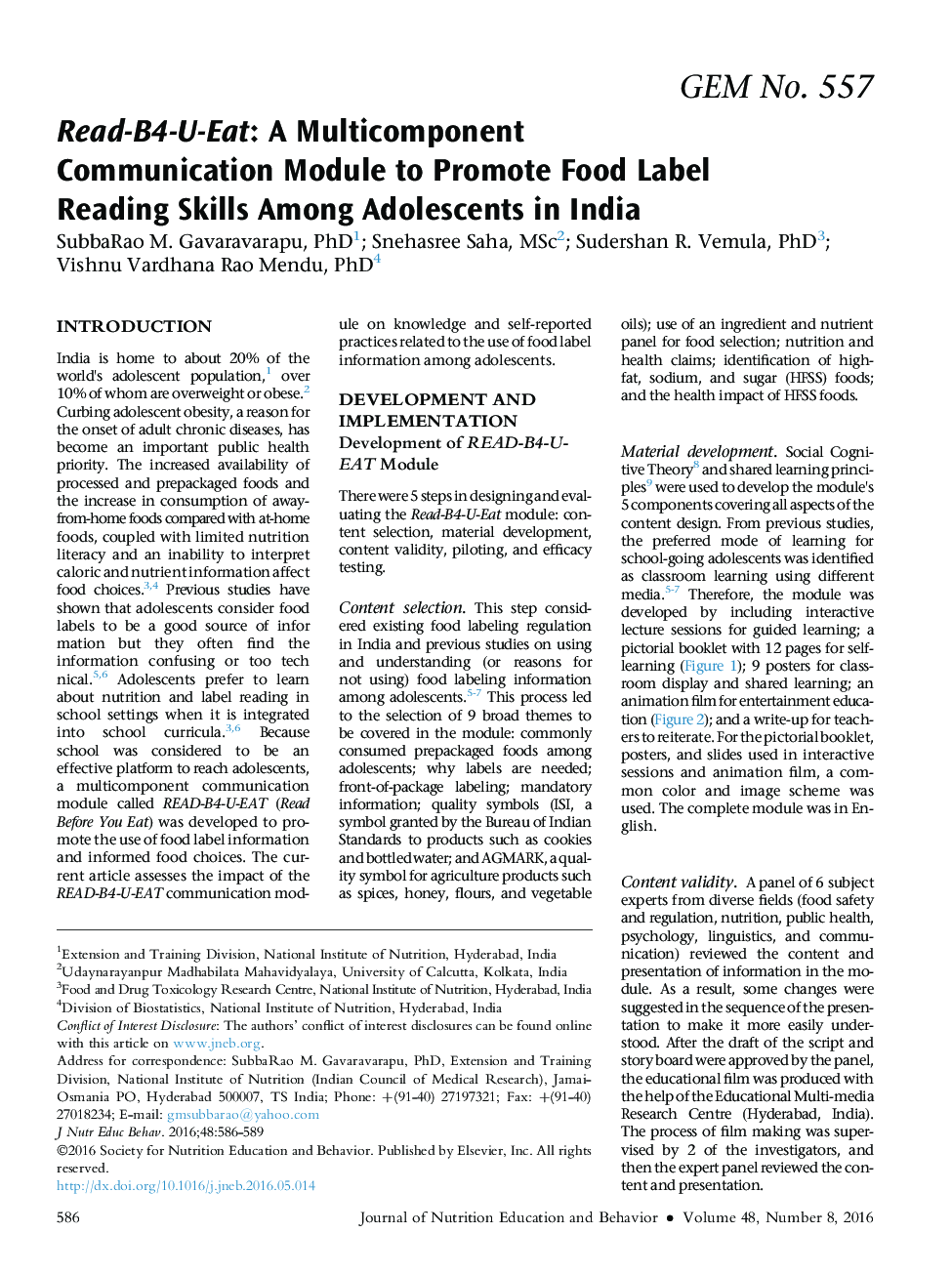 Read-B4-U-Eat: A Multicomponent Communication Module to Promote Food Label Reading Skills Among Adolescents in India