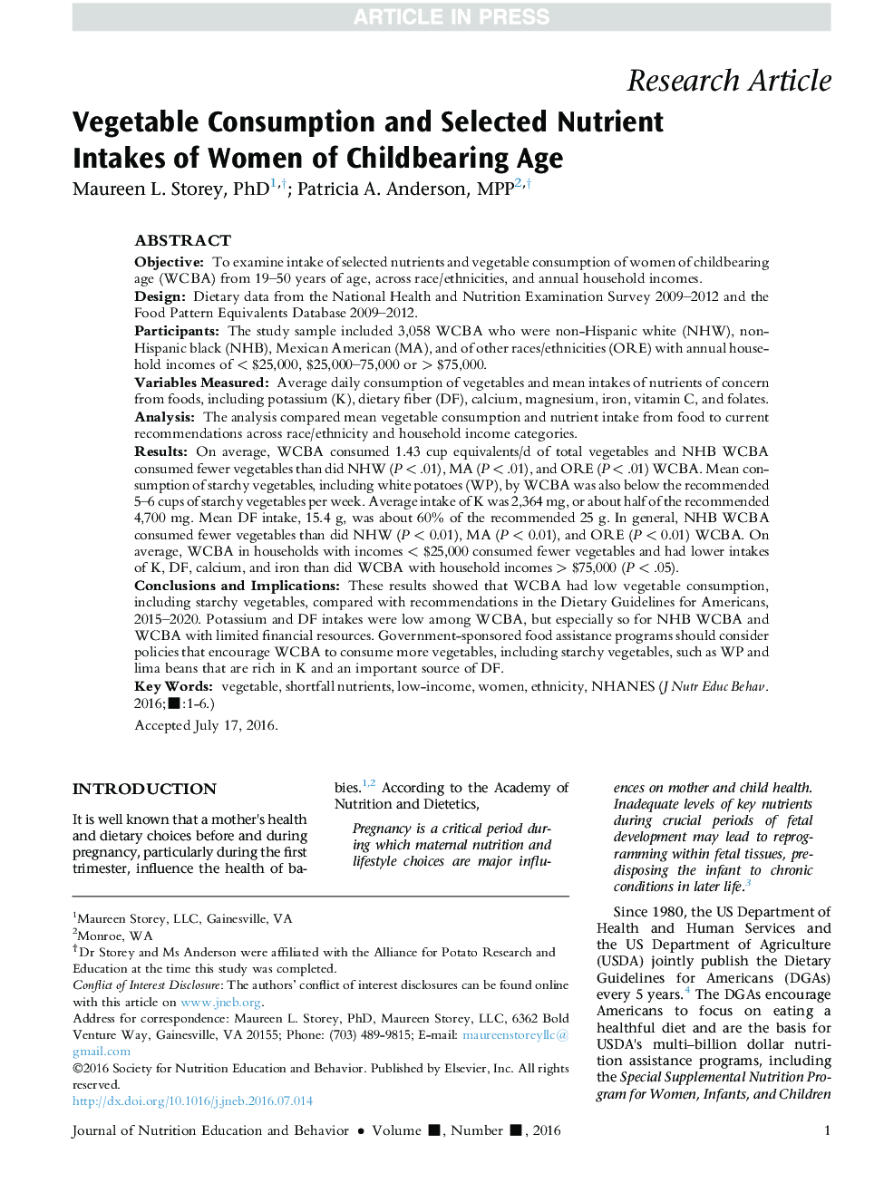 Vegetable Consumption and Selected Nutrient Intakes of Women of Childbearing Age
