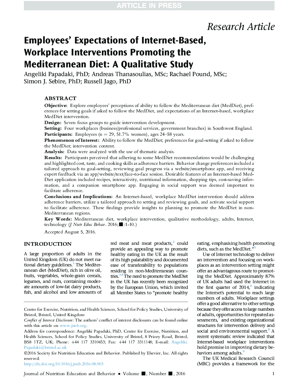 Employees' Expectations of Internet-Based, Workplace Interventions Promoting the Mediterranean Diet: A Qualitative Study