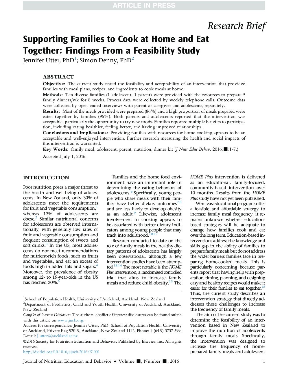 Supporting Families to Cook at Home and Eat Together: Findings From a Feasibility Study