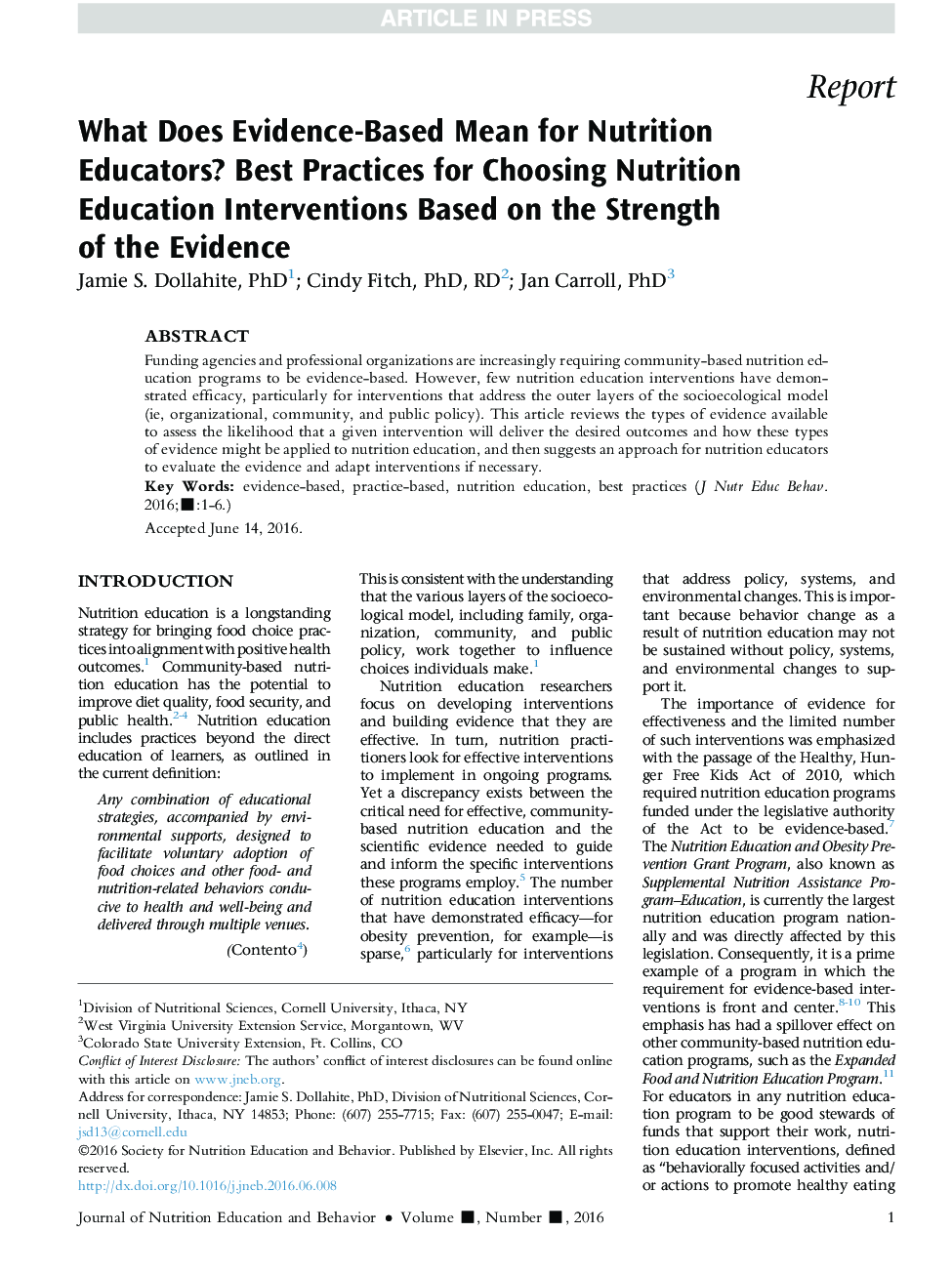 What Does Evidence-Based Mean for Nutrition Educators? Best Practices for Choosing Nutrition Education Interventions Based on the Strength of the Evidence