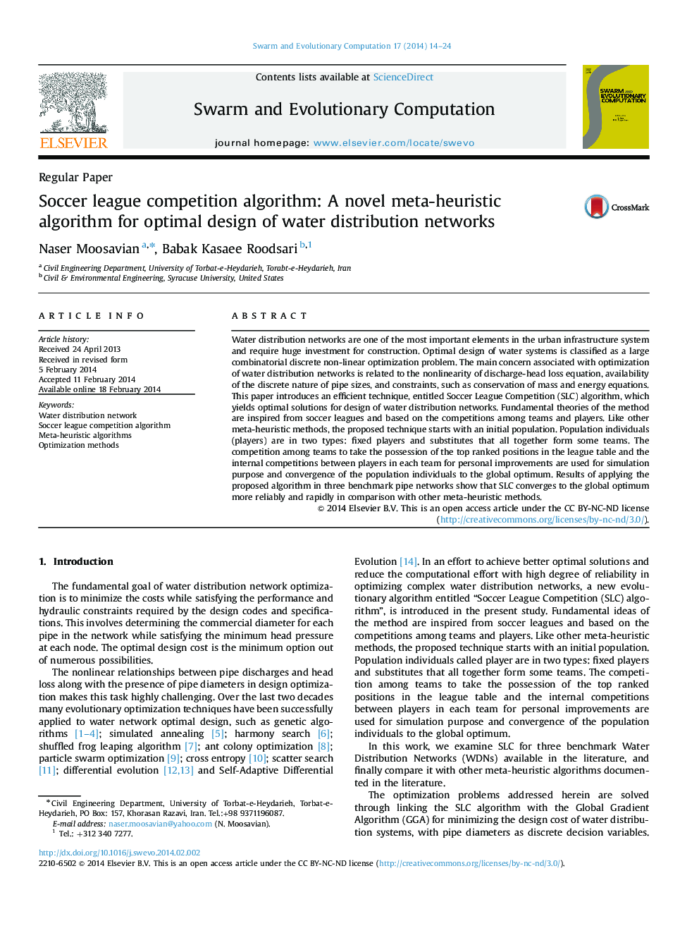 Soccer league competition algorithm: A novel meta-heuristic algorithm for optimal design of water distribution networks