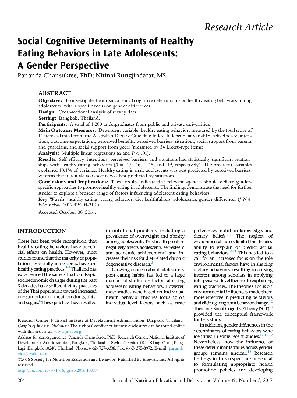 Social Cognitive Determinants of Healthy EatingÂ Behaviors in Late Adolescents: AÂ GenderÂ Perspective