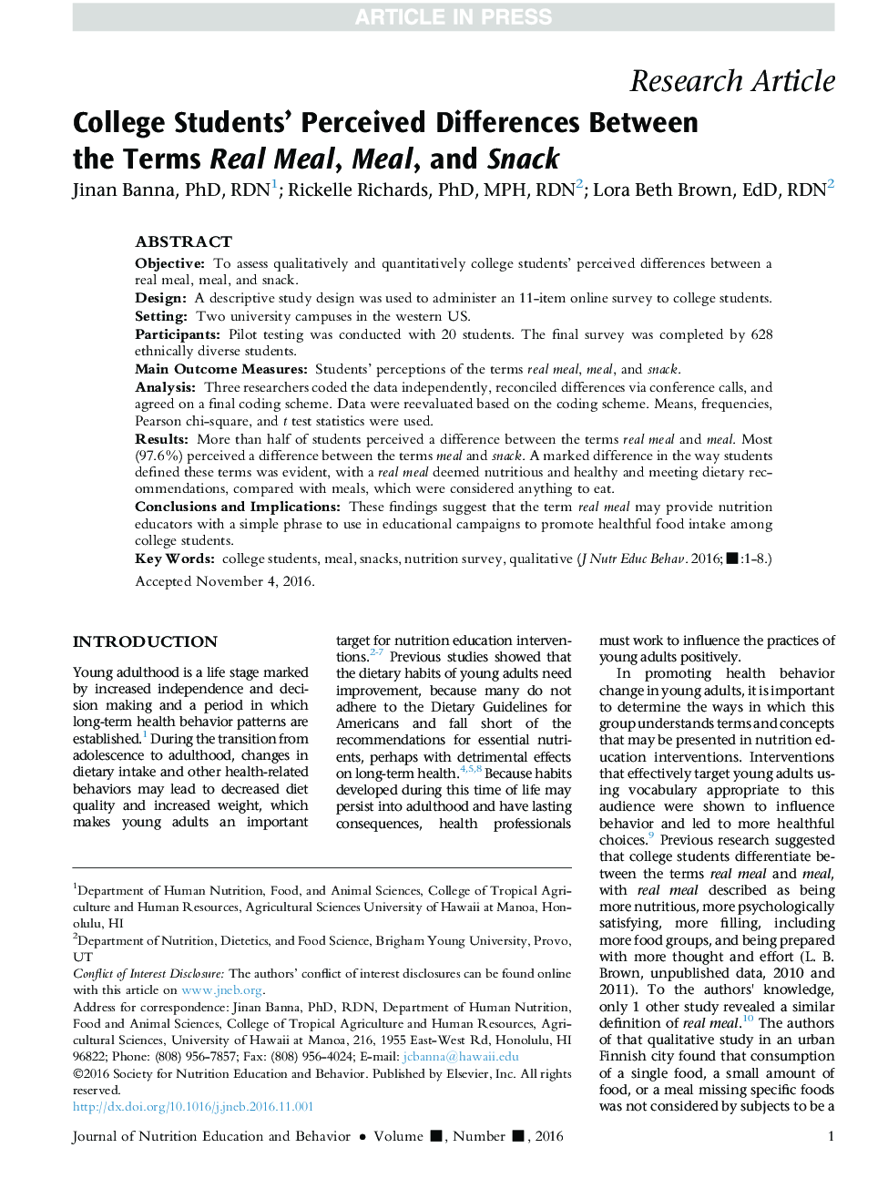 College Students' Perceived Differences Between the Terms Real Meal, Meal, and Snack