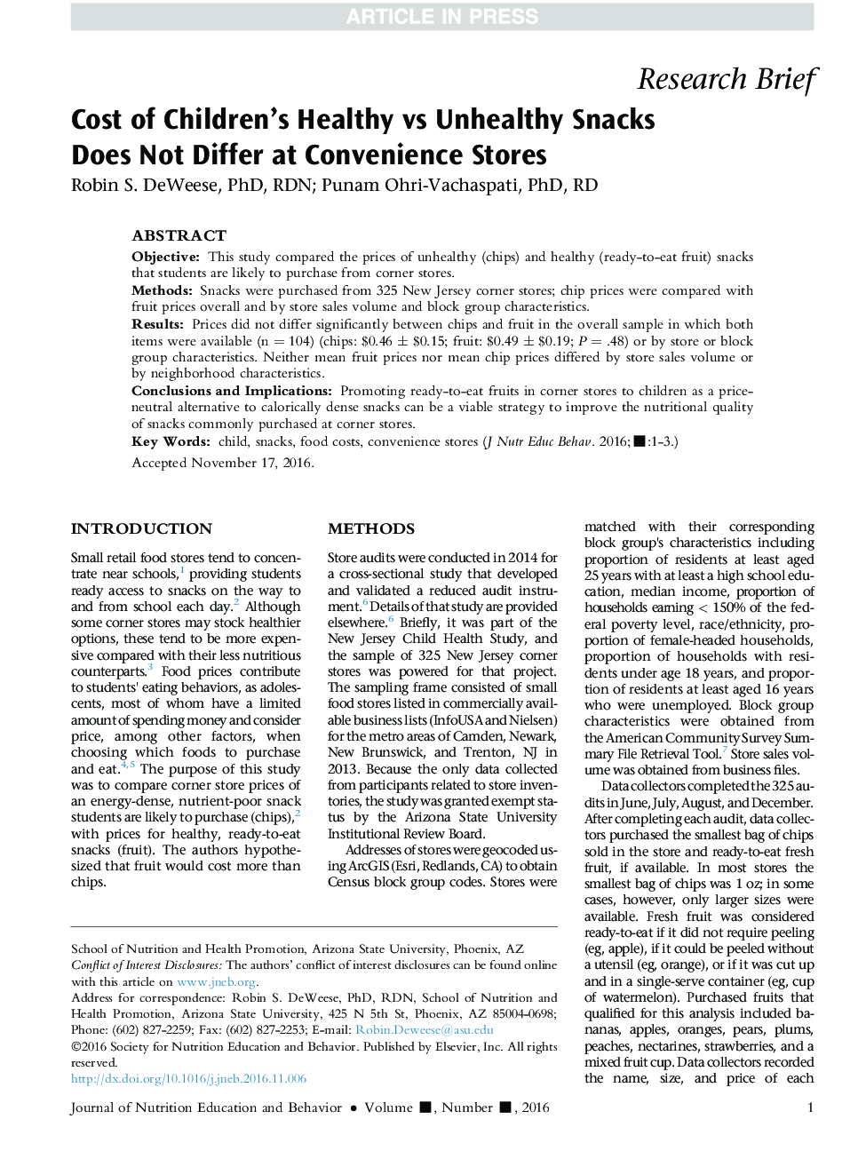 Cost of Children's Healthy vs Unhealthy Snacks Does Not Differ at Convenience Stores