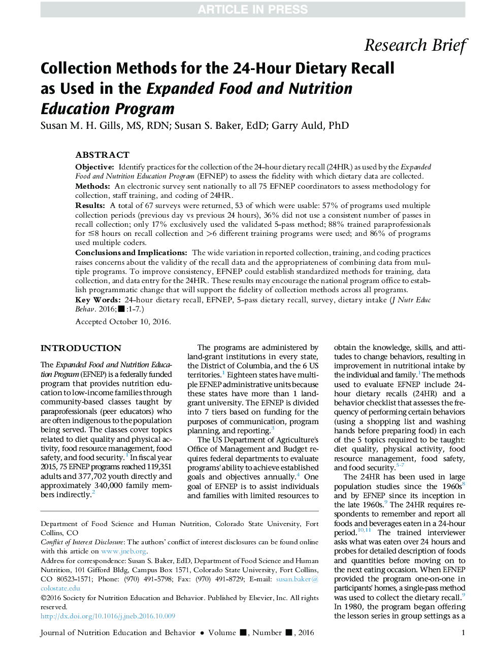 Collection Methods for the 24-Hour Dietary Recall as Used in the Expanded Food and Nutrition Education Program