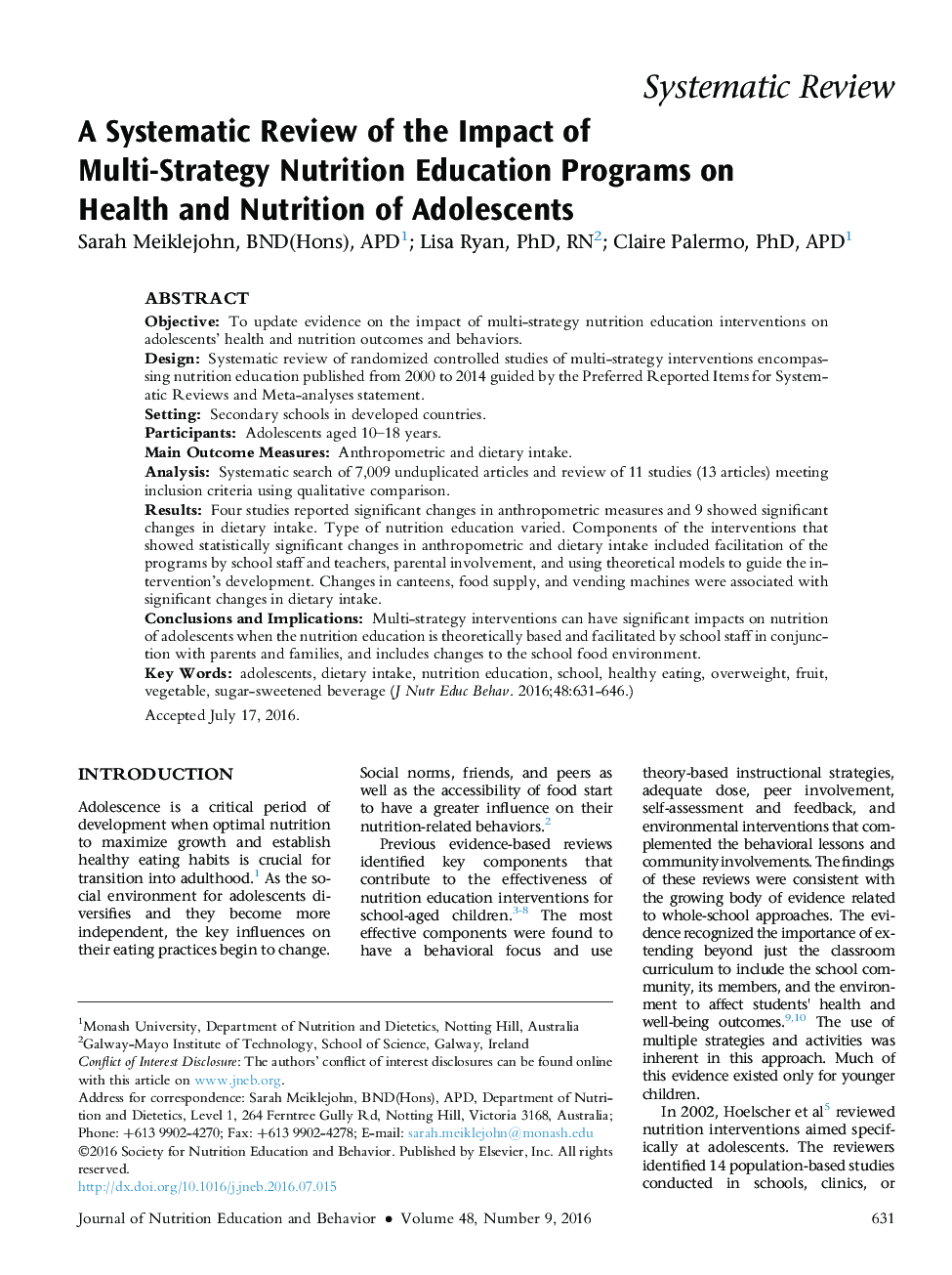 A Systematic Review of the Impact of Multi-Strategy Nutrition Education Programs on Health and Nutrition of Adolescents