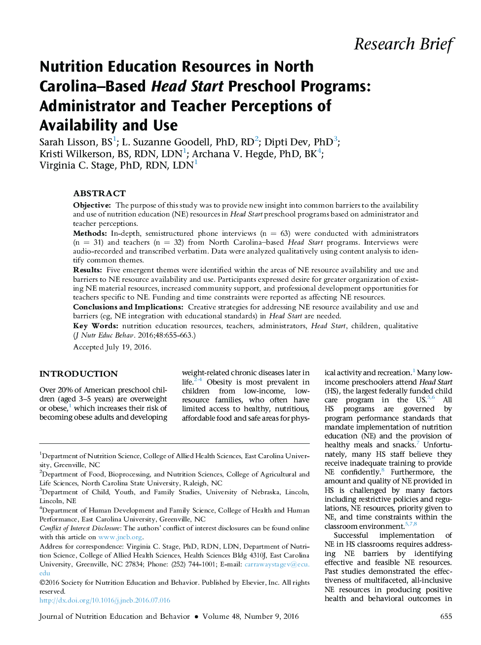 Nutrition Education Resources in North Carolina-Based Head Start Preschool Programs: Administrator and Teacher Perceptions of Availability and Use