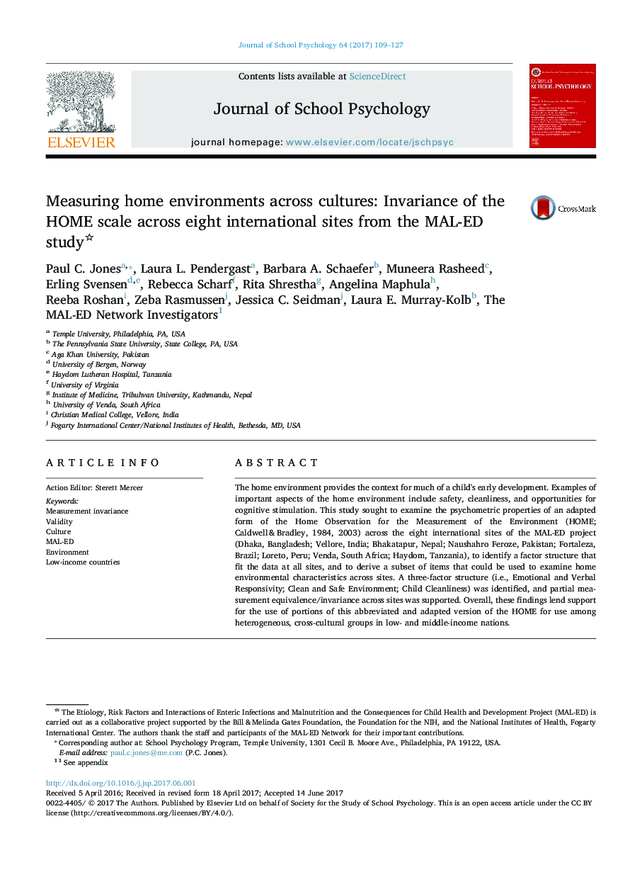 Measuring home environments across cultures: Invariance of the HOME scale across eight international sites from the MAL-ED study