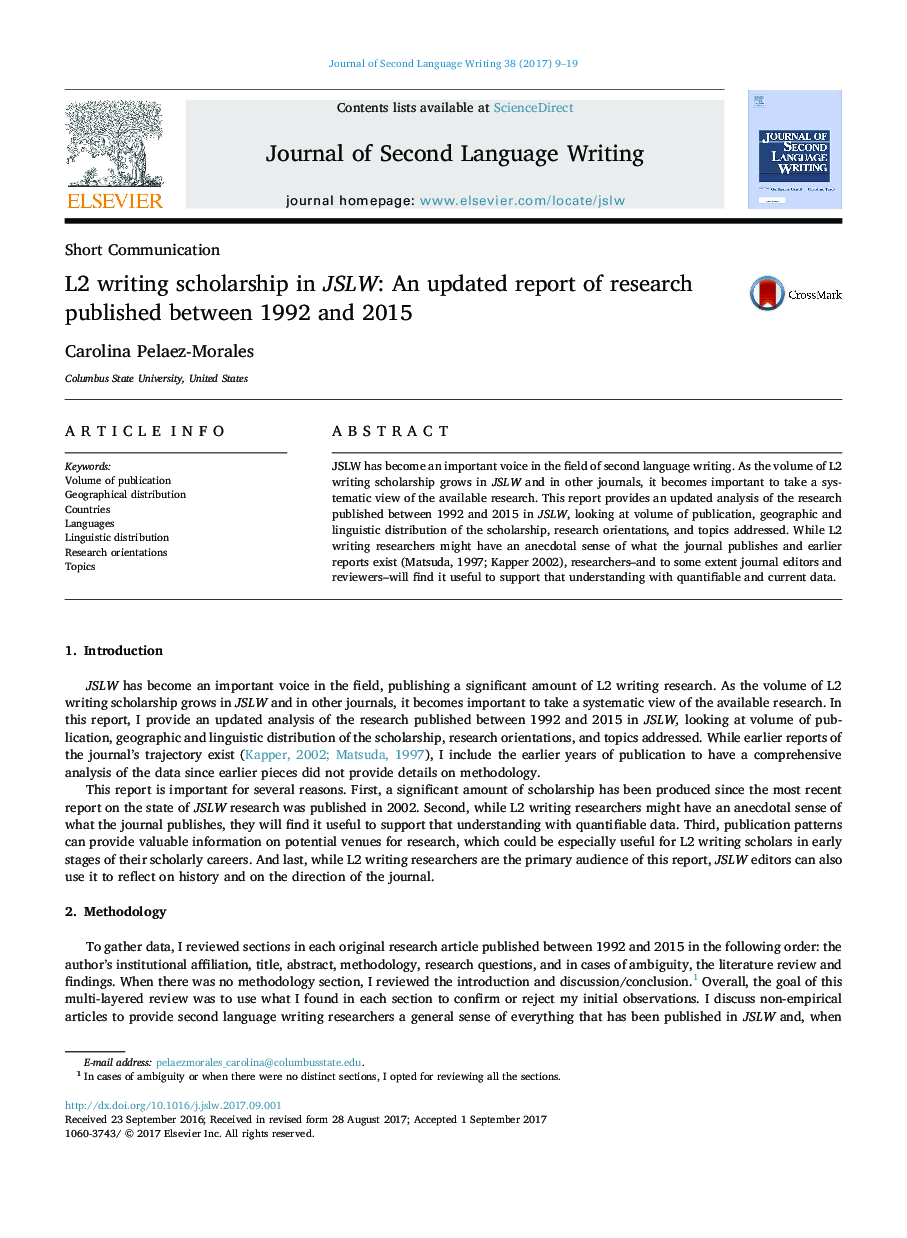 L2 writing scholarship in JSLW: An updated report of research published between 1992 and 2015