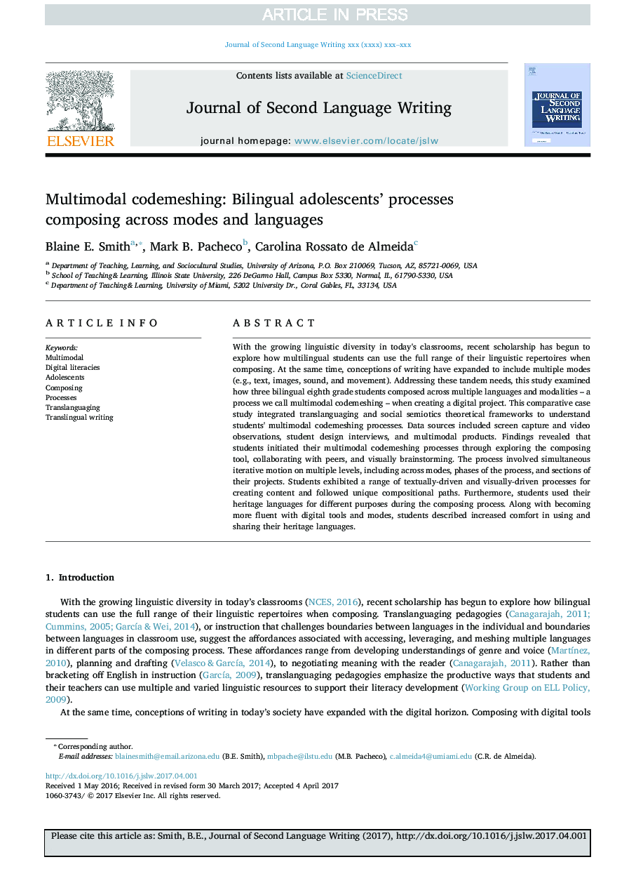 Multimodal codemeshing: Bilingual adolescents' processes composing across modes and languages