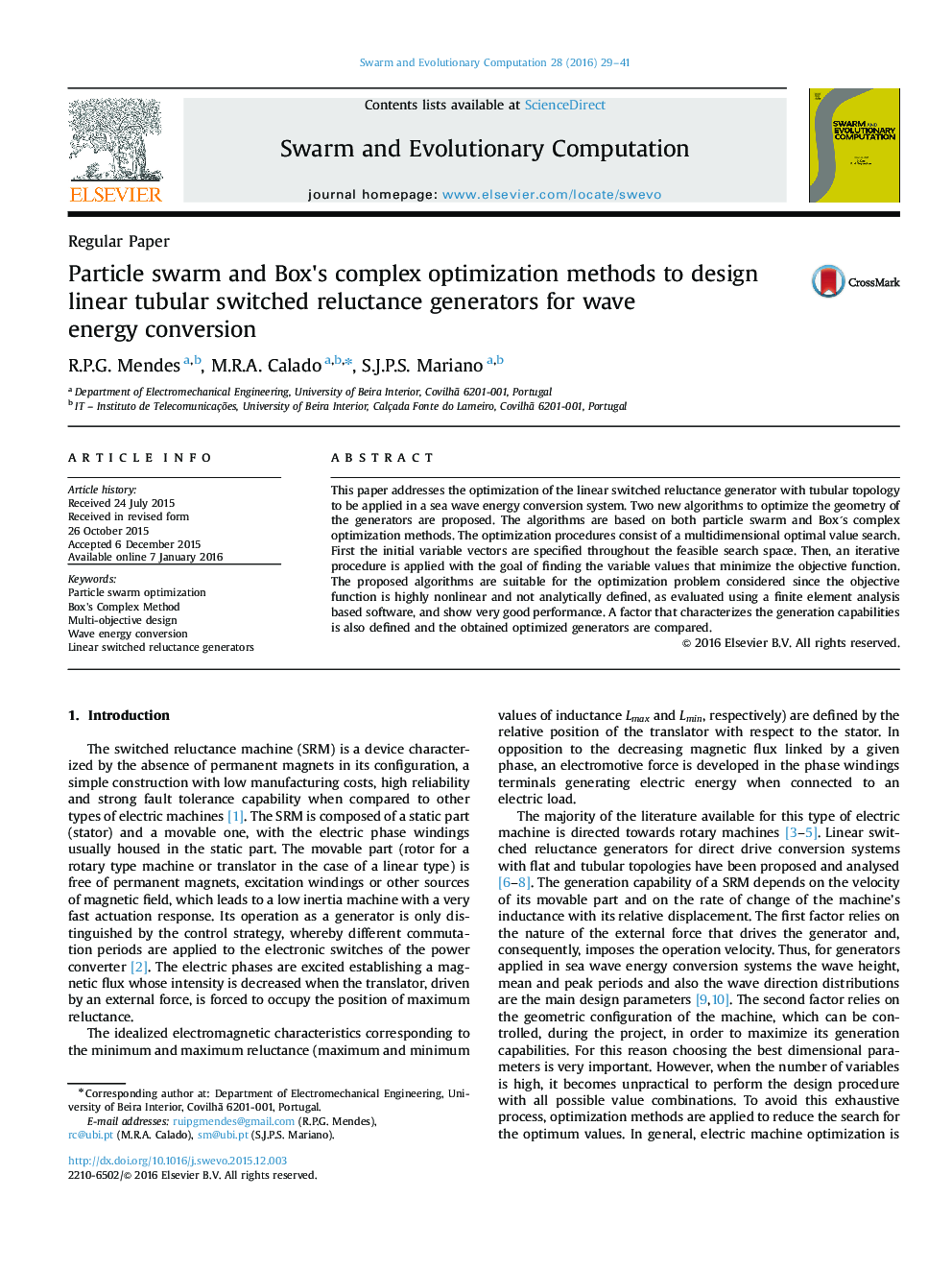 Particle swarm and Box׳s complex optimization methods to design linear tubular switched reluctance generators for wave energy conversion