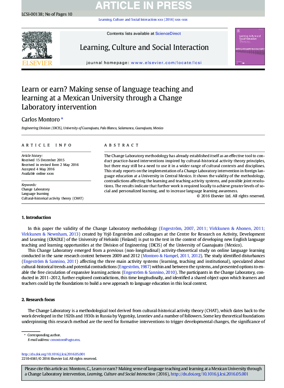 Learn or earn? Making sense of language teaching and learning at a Mexican University through a Change Laboratory intervention