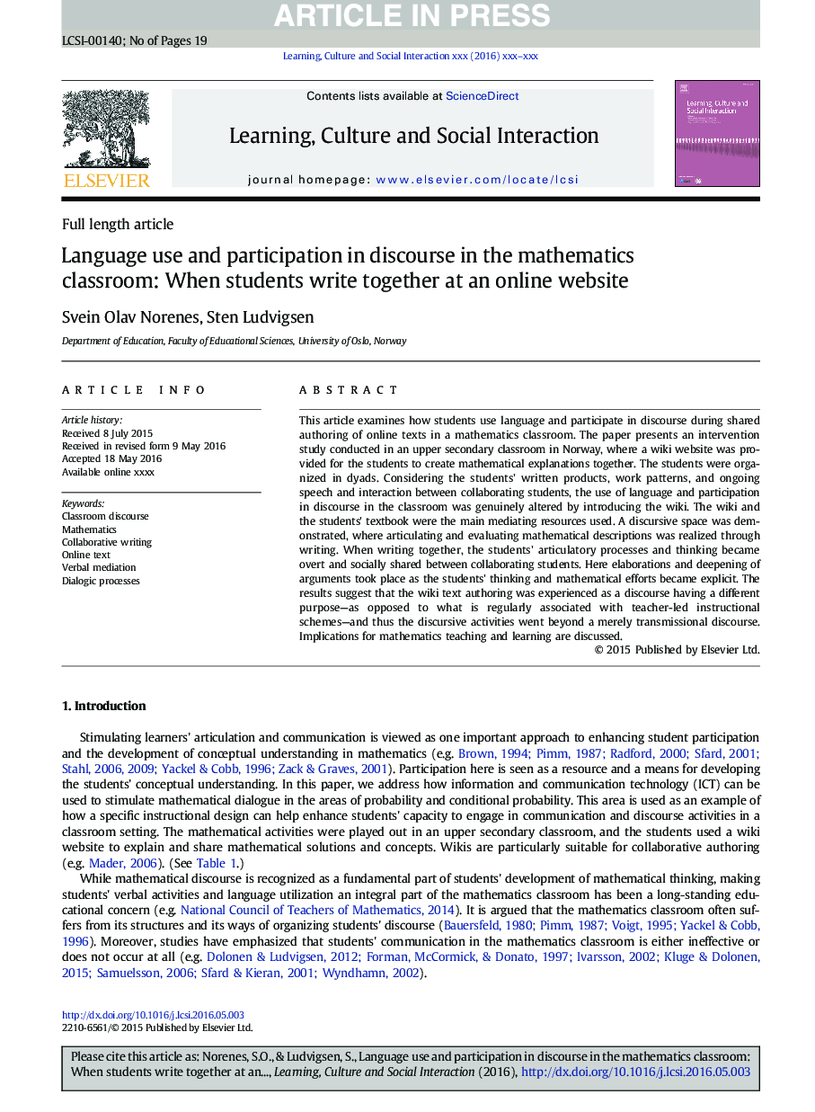 Language use and participation in discourse in the mathematics classroom: When students write together at an online website