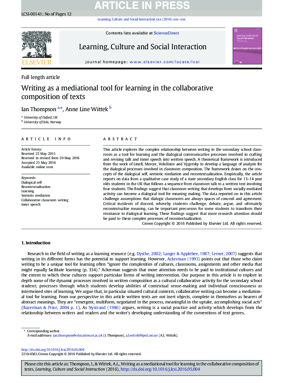 Writing as a mediational tool for learning in the collaborative composition of texts