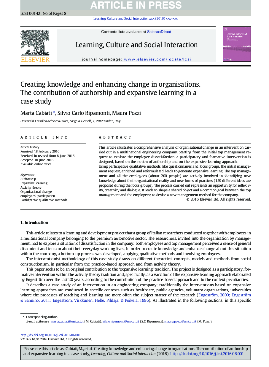Creating knowledge and enhancing change in organisations. The contribution of authorship and expansive learning in a case study