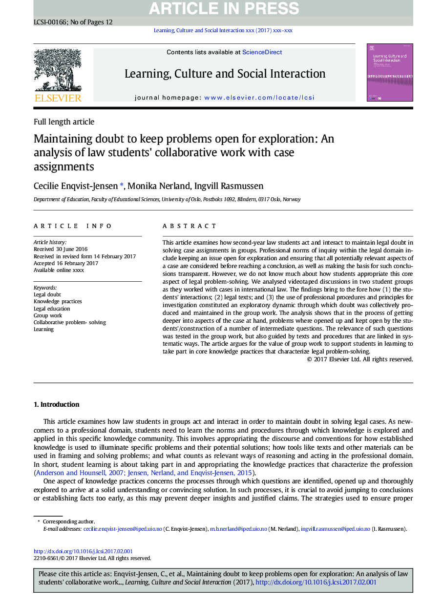Maintaining doubt to keep problems open for exploration: An analysis of law students' collaborative work with case assignments