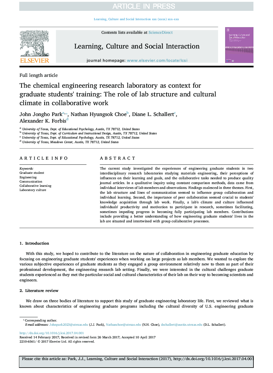 The chemical engineering research laboratory as context for graduate students' training: The role of lab structure and cultural climate in collaborative work