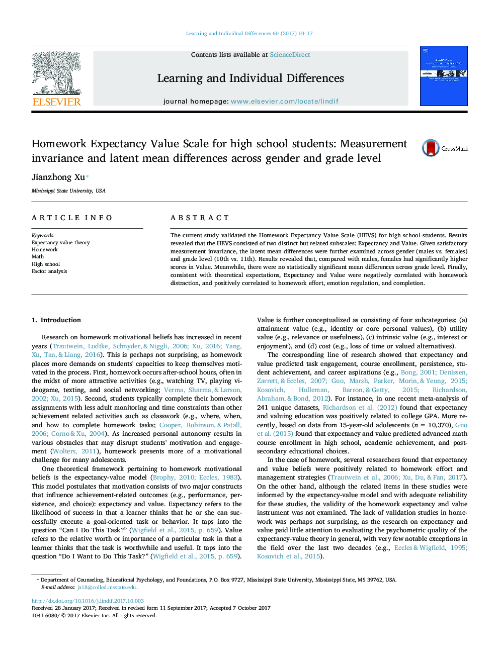 Homework Expectancy Value Scale for high school students: Measurement invariance and latent mean differences across gender and grade level