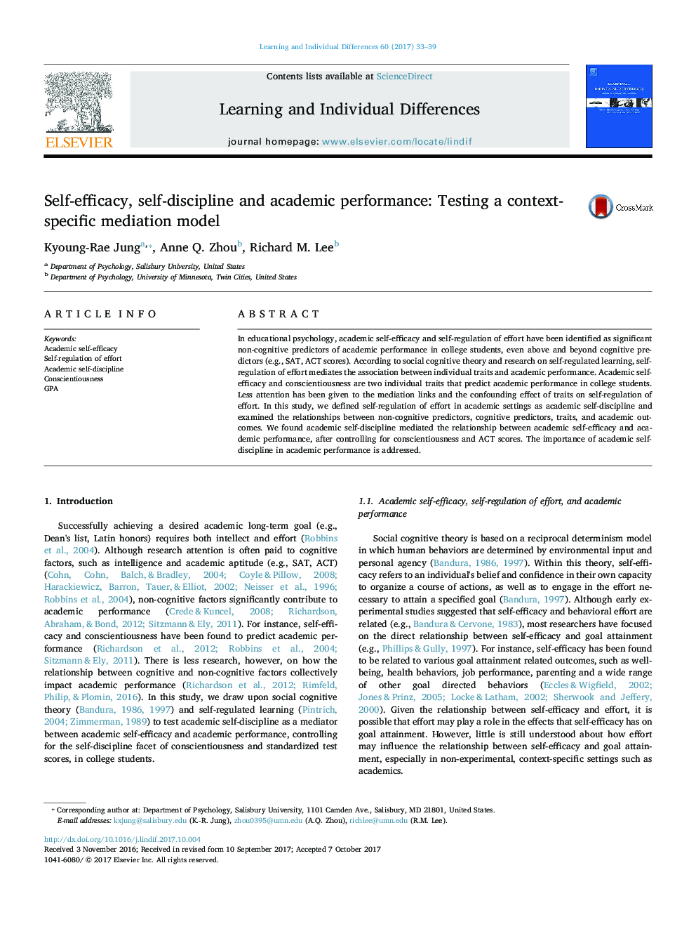 Self-efficacy, self-discipline and academic performance: Testing a context-specific mediation model